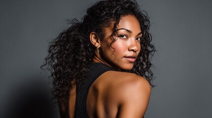A captivating portrait featuring a woman with curly hair, exuding confidence and elegance in a stylish outfit against a neutral background, perfect for beauty and fashion themes.