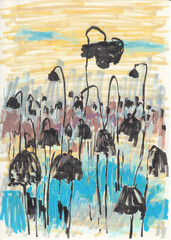 Abstract Marker Drawing of Dead Poppy Pods in a Field