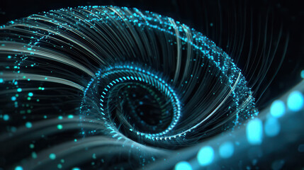 Abstract swirling blue light trails and particles on a dark background