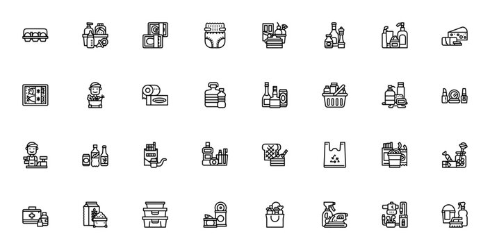 Supermarket icon set. Vector illustration. Includes ymbols for eggs, meat, chese, seafood, bakery, cashir, delivery, cleaning prodcts, cosmetics and more.