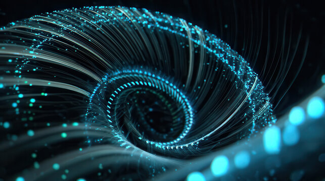 Abstract swirling blue light trails and particles on a dark background