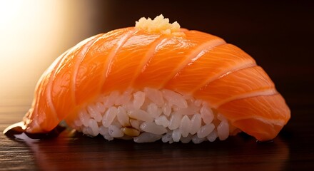 Delicious Salmon Nigiri Sushi with Rice and Ginger Topping.