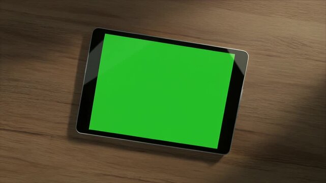Tablet with bright green screen resting on wooden surface in closeup shot