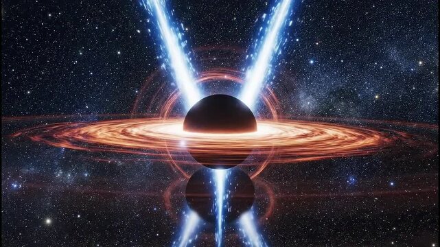 Massive black hole accretion disk emitting powerful blue relativistic jets into deep space
