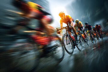 Cyclists racing through wet streets during a vibrant urban event on a cloudy day