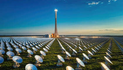 Large solar thermal facility with tower and parabolic dish arrays on green landscape