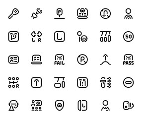 Driving School icon set. Vector illustration. Includs symbols for car key, safty belt, parking, L plate,stop, traffic cone, drivers license, speed limit andmore.