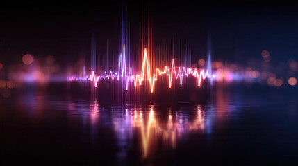 Vibrant neon soundwave reflection on dark water