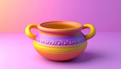 Colorful Handled Pot on Purple Background, Decorative Pottery.
