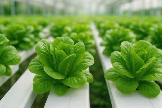 Hydroponic lettuce farm with rows of fresh green leaves growing in a greenhouse, organic food production, healthy eating, sustainable agriculture - Powered by Adobe