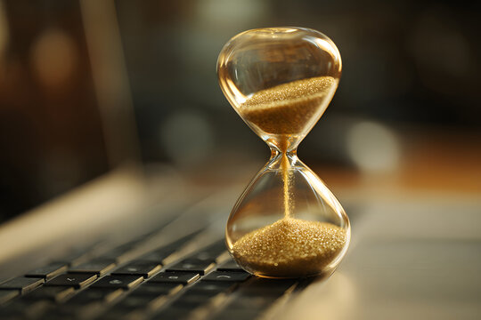 Hourglass on laptop keyboard symbolizes the passage of time in a busy workspace