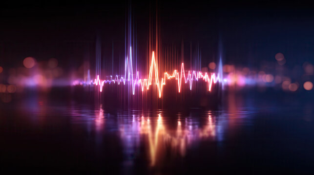 Vibrant neon soundwave reflection on dark water