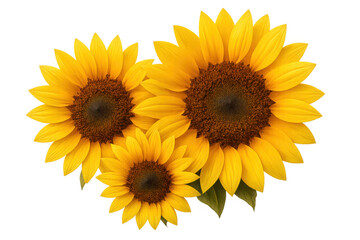 Naklejka premium Three vibrant sunflowers blooming, displaying warm yellow petals and dark centers, isolated on transparent background