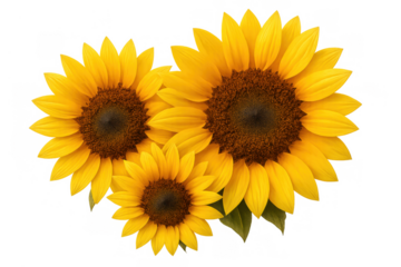 Three vibrant sunflowers blooming, displaying warm yellow petals and dark centers, isolated on transparent background
