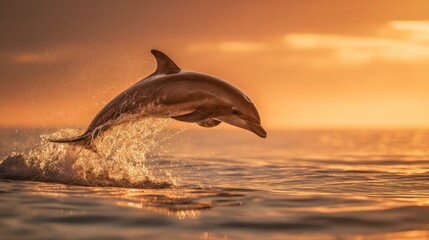 Fototapeta premium Dolphin leaping from water at sunset