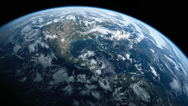 An incredibly detailed and clear view of the blue planet from orbit, a stunning depiction of Earth's continents and weather systems - Powered by Adobe