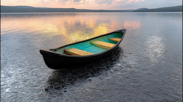 Canoe Resting on Lake at Sunset