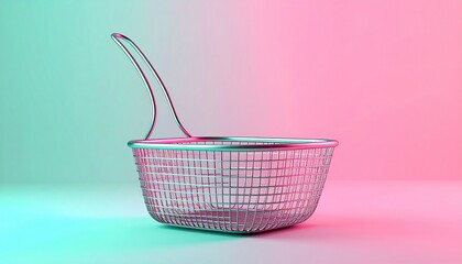 Close-up of a stainless steel wire mesh frying basket.