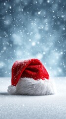 Festive red Santa hat in falling snow.