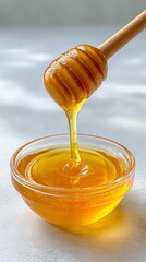 Golden honey dripping from a wooden dipper.