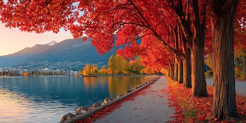 Vibrant autumn trees along a serene lakeside path.