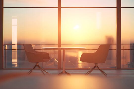 Cozy seating with a view of the sunset in a high-rise building overlooking the city skyline