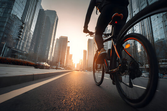 Biker riding on city street during sunset with tall skyscrapers in the background