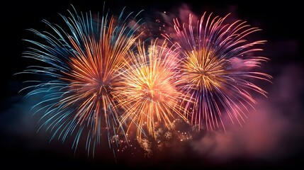 Fototapeta premium Colorful fireworks display lighting up the night sky, showcasing vibrant bursts of red, blue, and gold, creating a festive atmosphere for celebrations and events