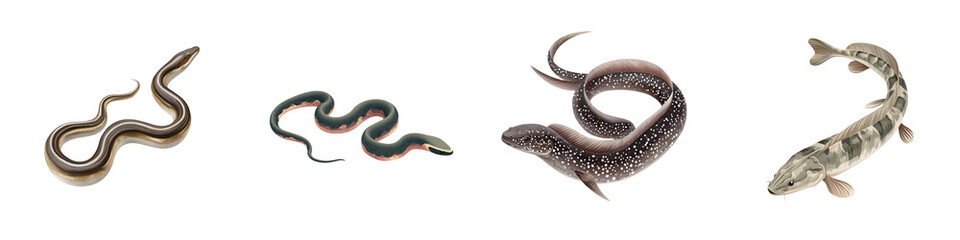 Collection of Eel and Lamprey Illustration Isolated on White