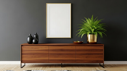 Elegant wooden console table with minimalist decor and a blank picture frame against a dark wall, perfect for modern home interior design concepts and personalized art display