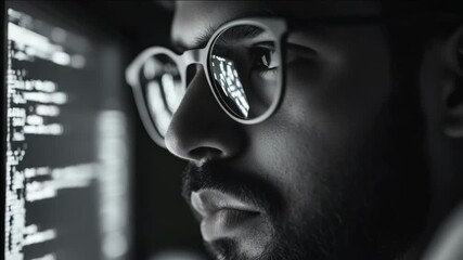 A man deeply focused on computer monitors in a server room, suggesting high-level data analysis or cybersecurity work. - Powered by Adobe