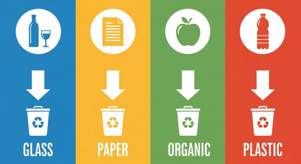 Recycling bin icons with labels for glass, paper, organic, and plastic waste separation