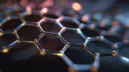 Close up of a hexagonal graphene atomic structure with bokeh lights