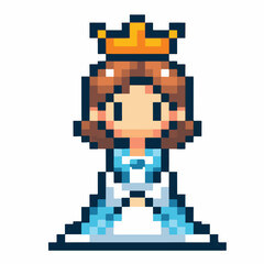 Pixel Art Princess with Golden Crown Wearing a Blue and White Gown, Vector Illustration