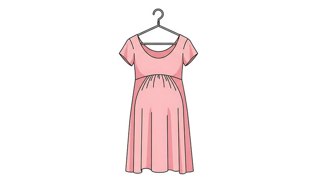Pink maternity dress with short sleeves and an empire waist, hanging on a clothes hanger.