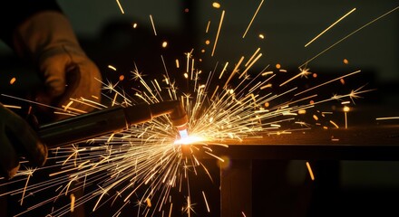 A worker is welding metal with bright sparks flying.