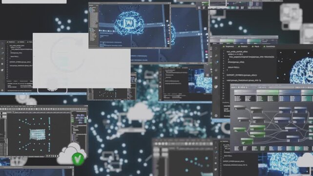 Rotating video wall displaying AI assistant LLM technology visualization and coding screens. Turntable animation showing multiple monitors with machine learning tech graphics