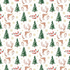 Watercolor Christmas seamless pattern with reindeer, wild red berries, and evergreen trees; nature Christmas seamless pattern 