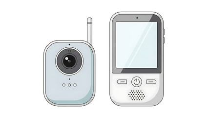 Illustration of a modern baby monitor system with a camera unit and a parent display unit.