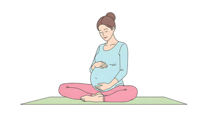 A pregnant woman sitting on a yoga mat, gently holding her belly with a peaceful expression, practicing mindfulness or meditation.