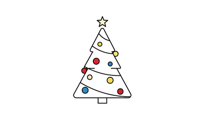 A simple line art illustration of a decorated Christmas tree with a star and colorful ornaments.