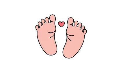 Cute cartoon illustration of two baby feet with a small red heart between them on a white background.