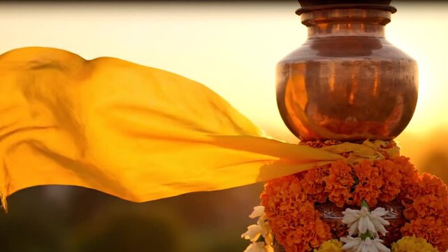 Traditional Gudi Padwa Celebration at Sunset, Adorned Kalash Pot and Waving Saffron Flag, Symbolizing Prosperity and New Beginnings for the Hindu Spring Festival