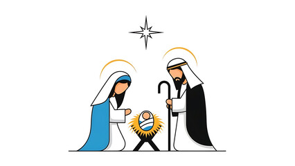 A simple, minimalist illustration of the Nativity scene with Mary, Joseph, baby Jesus in a manger, and the Star of Bethlehem.