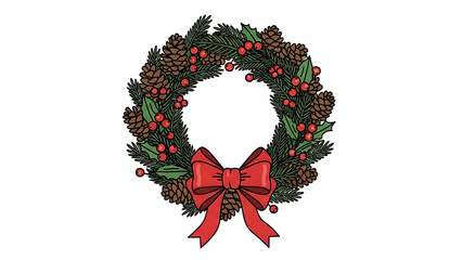 A festive Christmas wreath adorned with pinecones, red berries, and a vibrant red bow, set against a white background.