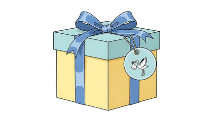 A yellow gift box with a light blue lid and a blue ribbon bow, featuring a stork and baby tag, on a white background.
