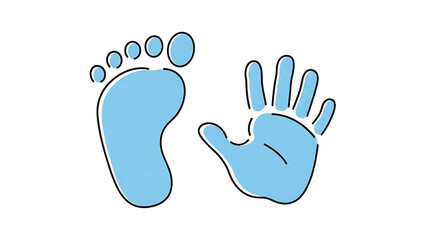 Simple illustration of a light blue baby footprint and handprint with black outlines on a white background.