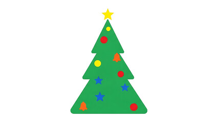 A simple cartoon illustration of a green Christmas tree adorned with colorful ornaments and a yellow star on top, set against a white background.