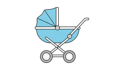 A simple vector illustration of a light blue baby carriage or pram with a hood and wheels, on a white background.