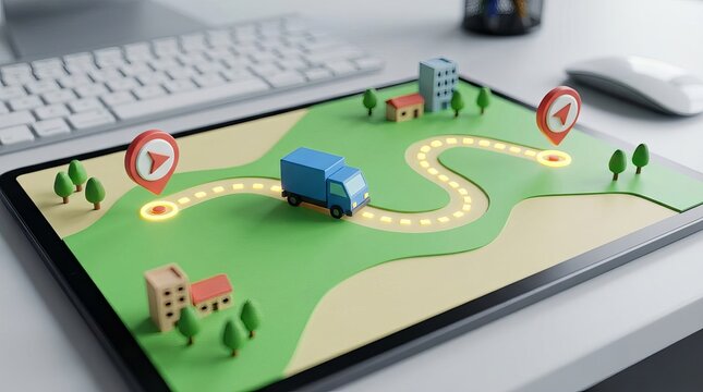 Truck delivery map illustration featuring a small delivery truck, route path, and location markers, presenting a clean, modern visual for logistics, navigation, and shipping concepts